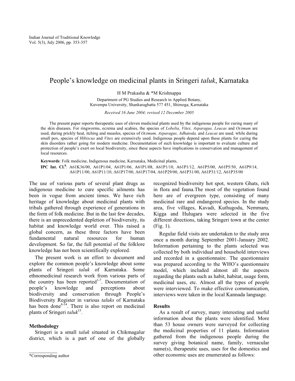 People's Knowledge on Medicinal Plants in Sringeri Taluk, Karnataka