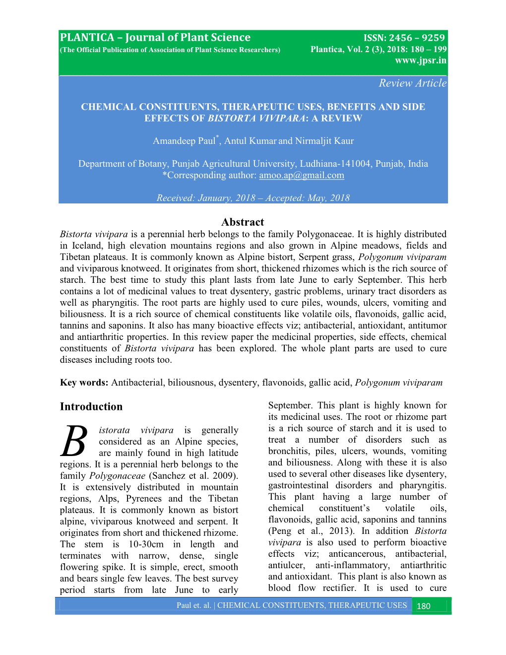 PLANTICA – Journal of Plant Science Review Article Abstract Introduction