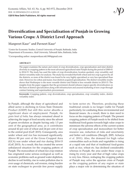 Diversification and Specialisation of Punjab in Growing Various Crops: a District Level Approach Manpreet Kaur1* and Pavneet Kaur2