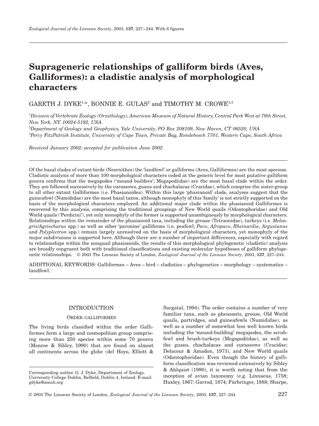 Aves, Galliformes): a Cladistic Analysis of Morphological Characters