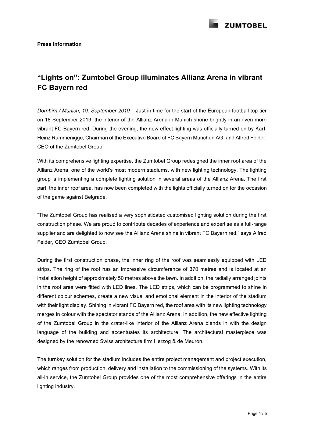 “Lights On”: Zumtobel Group Illuminates Allianz Arena in Vibrant FC Bayern Red