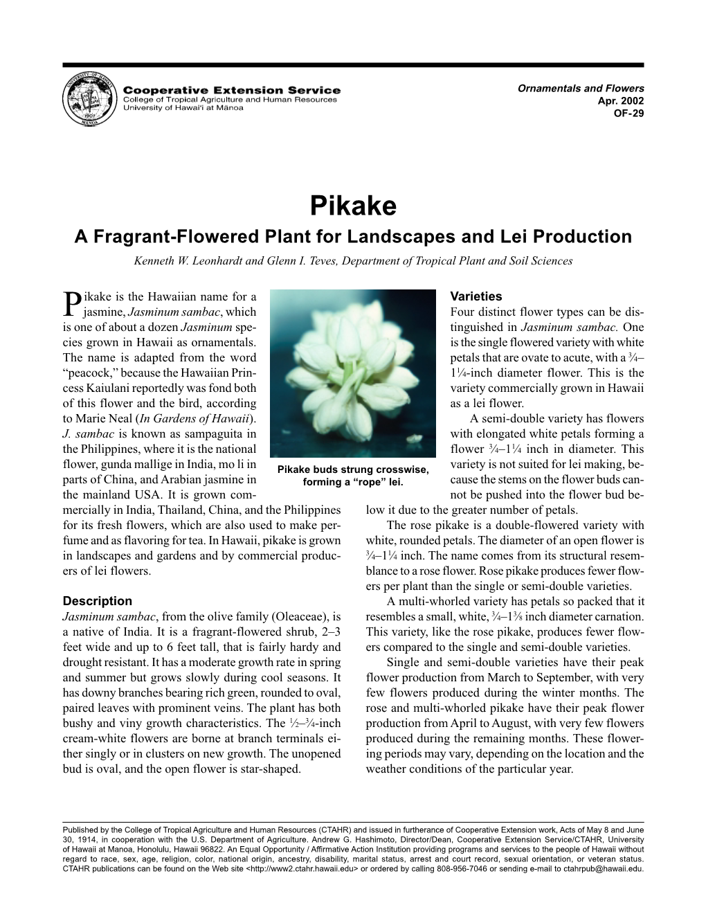 Pikake, a Fragrant-Flowered Plant for Landscapes and Lei Production