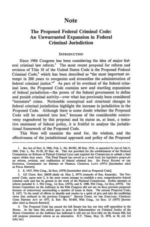 Proposed Federal Criminal Code: an Unwarranted Expansion in Federal Criminal Jurisdiction