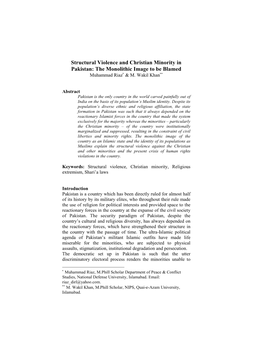 Structural Violence and Christian Minority in Pakistan: the Monolithic Image to Be Blamed Muhammad Riaz ∗ & M