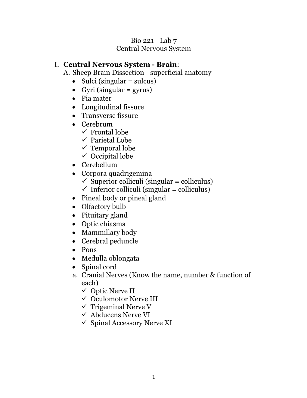 I. Central Nervous System - Brain