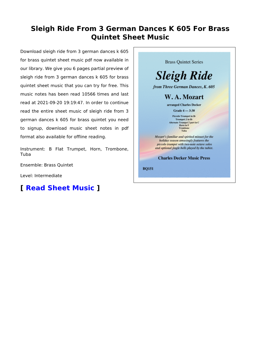 Sleigh Ride from 3 German Dances K 605 for Brass Quintet Sheet Music