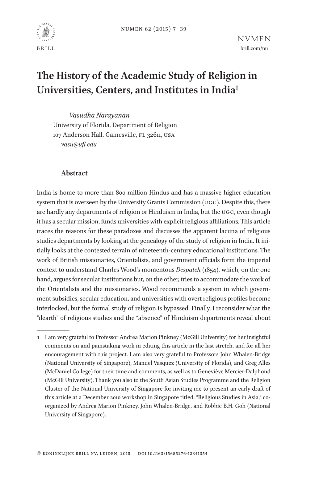 The History of the Academic Study of Religion in Universities, Centers, and Institutes in India1