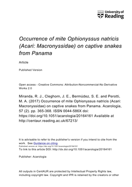 Occurrence of the Mite Ophionyssus Natricis (Acari: Macronyssidae) on Captive Snakes from Panama