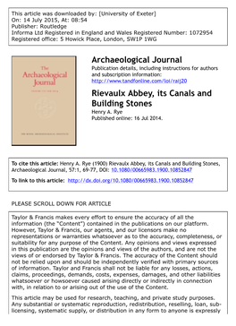 Archaeological Journal Rievaulx Abbey, Its Canals And