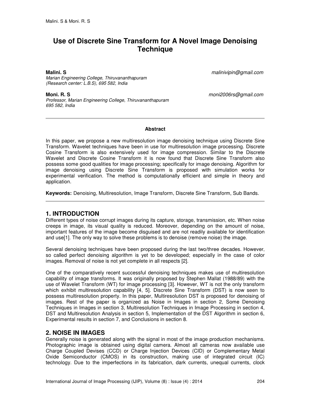 Use of Discrete Sine Transform for a Novel Image Denoising Technique