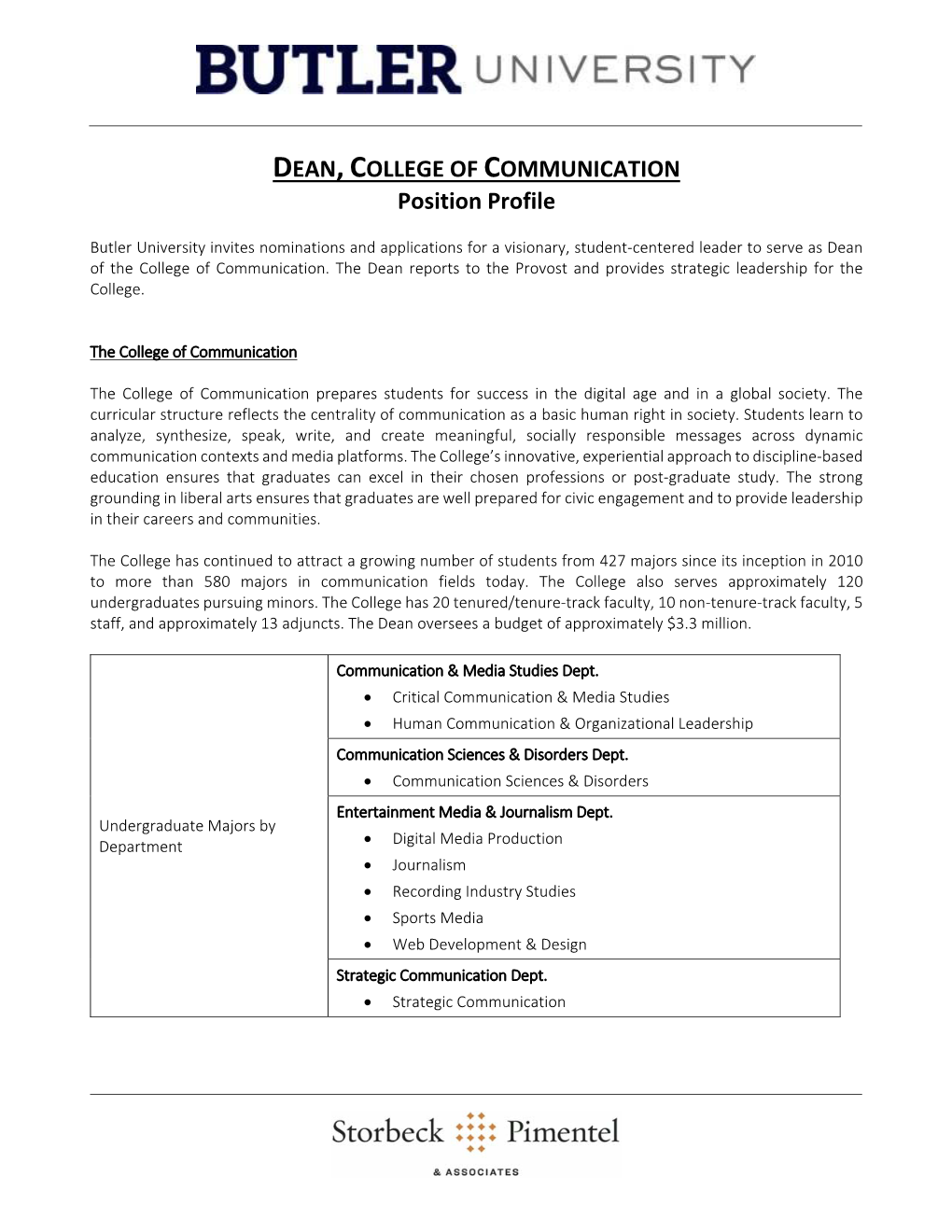 DEAN, COLLEGE of COMMUNICATION Position Profile