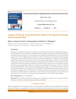 Analysis of Priority Areas of the Dairy Industry Development in Russia Under Economic Risk