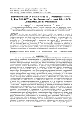 Biotransformation of Benzaldehyde to L- Phenylacetylcarbinol by Free Cells of Yeast (Saccharomyces Cerevisae), Effects of Β- Cyclodextrin and Its Optimization