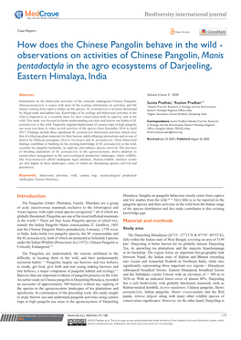 Observations on Activities of Chinese Pangolin, Manis Pentadactyla in the Agro Ecosystems of Darjeeling, Eastern Himalaya, India