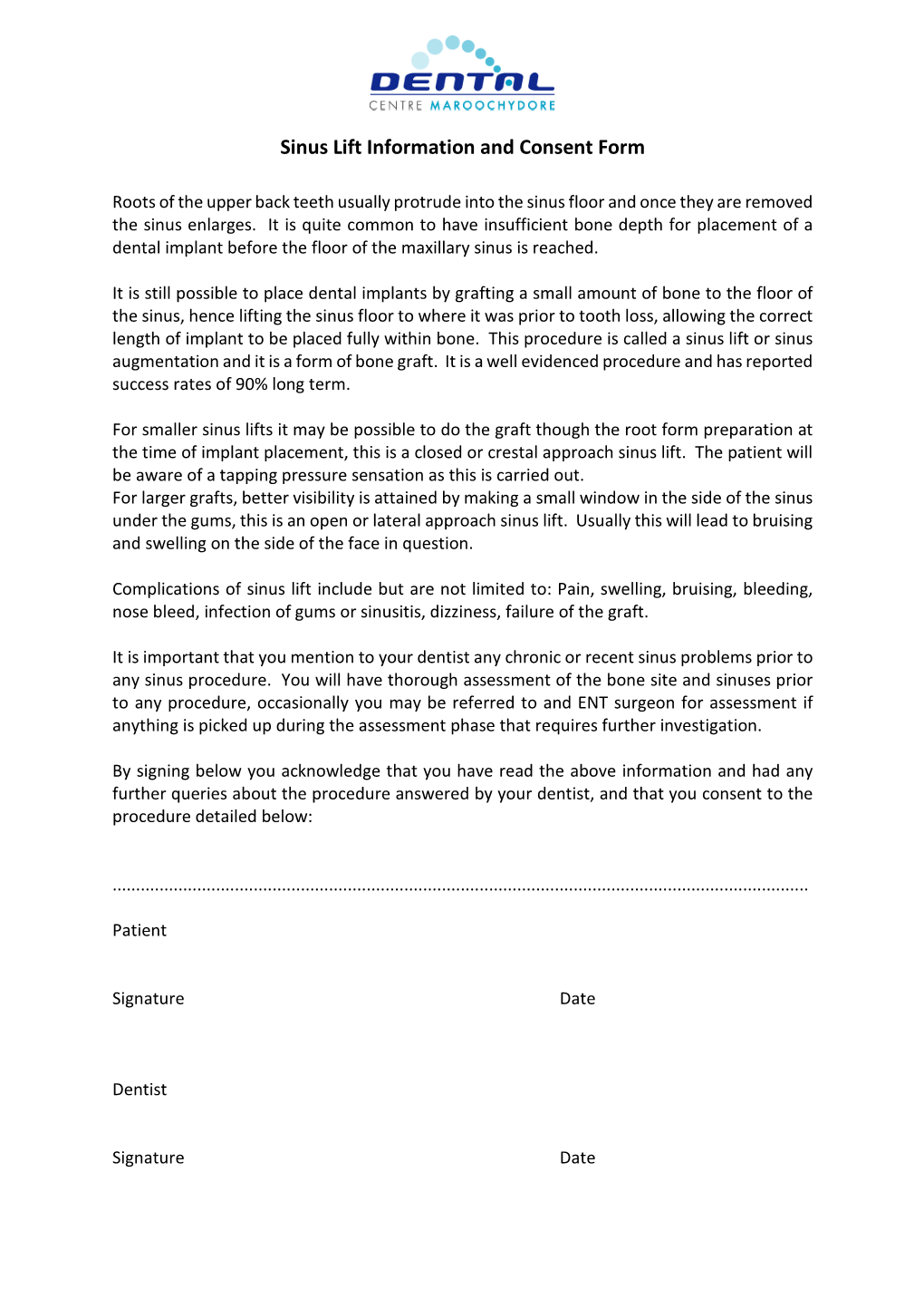 Sinus Lift Information and Consent Form