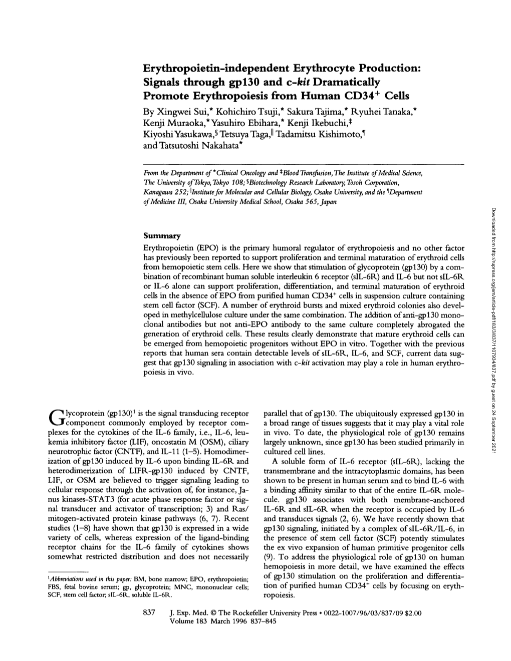 Erythropoietin-Independent Erythrocyte Production