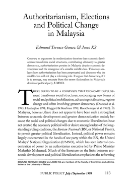 Authoritarianism, Elections and Political Change in Malaysia