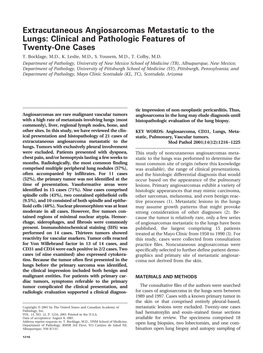 Extracutaneous Angiosarcomas Metastatic to the Lungs: Clinical and Pathologic Features of Twenty-One Cases T