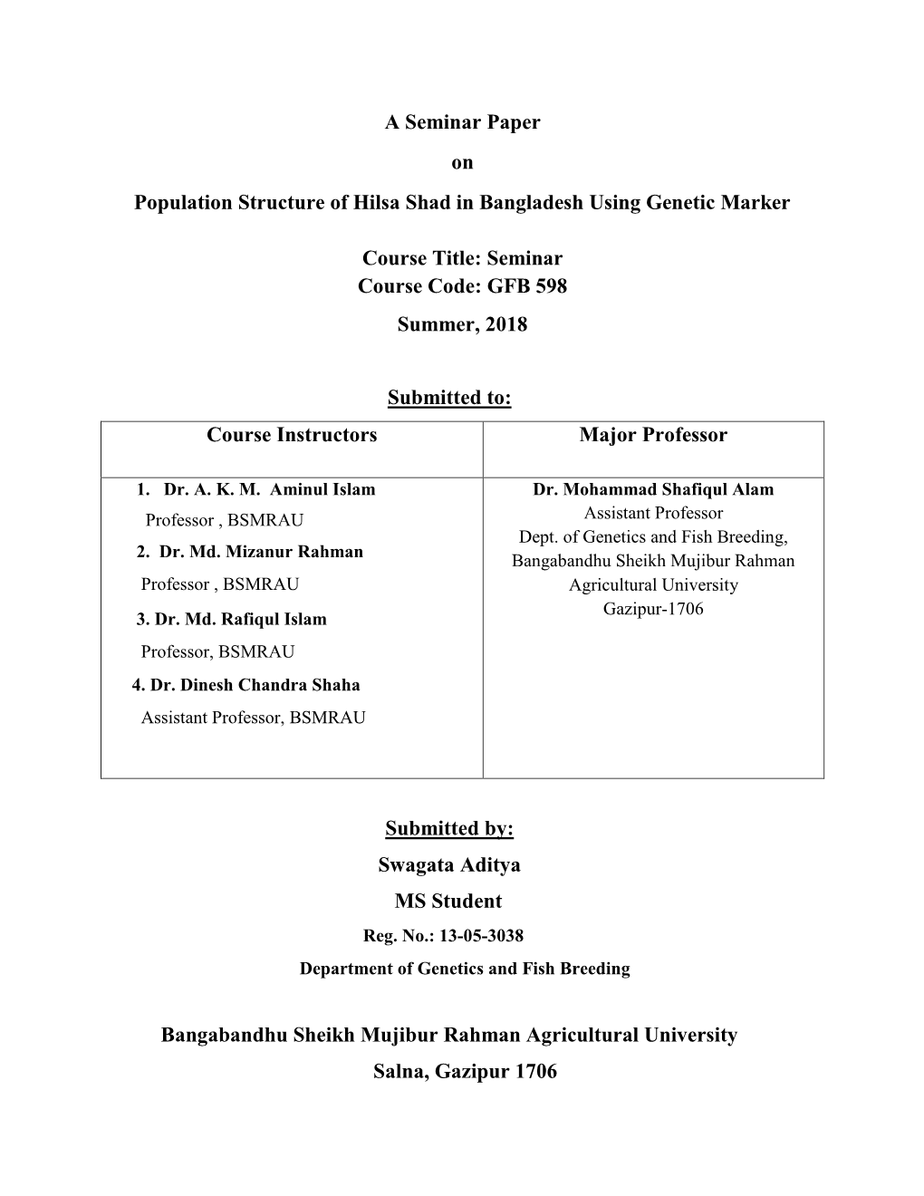 A Seminar Paper on Population Structure of Hilsa Shad in Bangladesh Using Genetic Marker