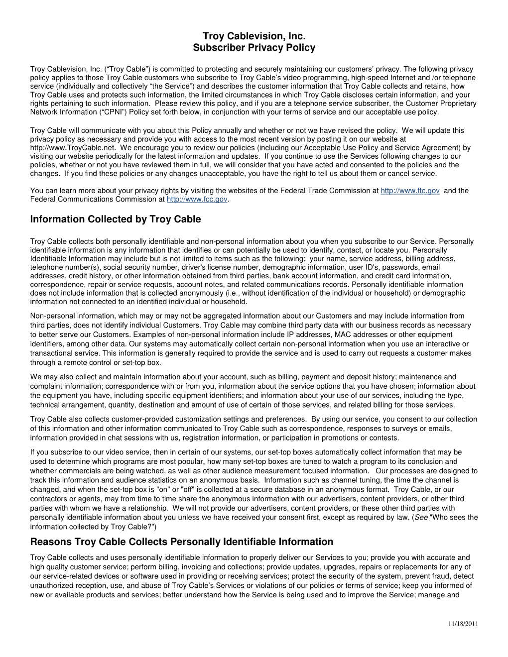 Troy Cablevision, Inc. Subscriber Privacy Policy Information Collected