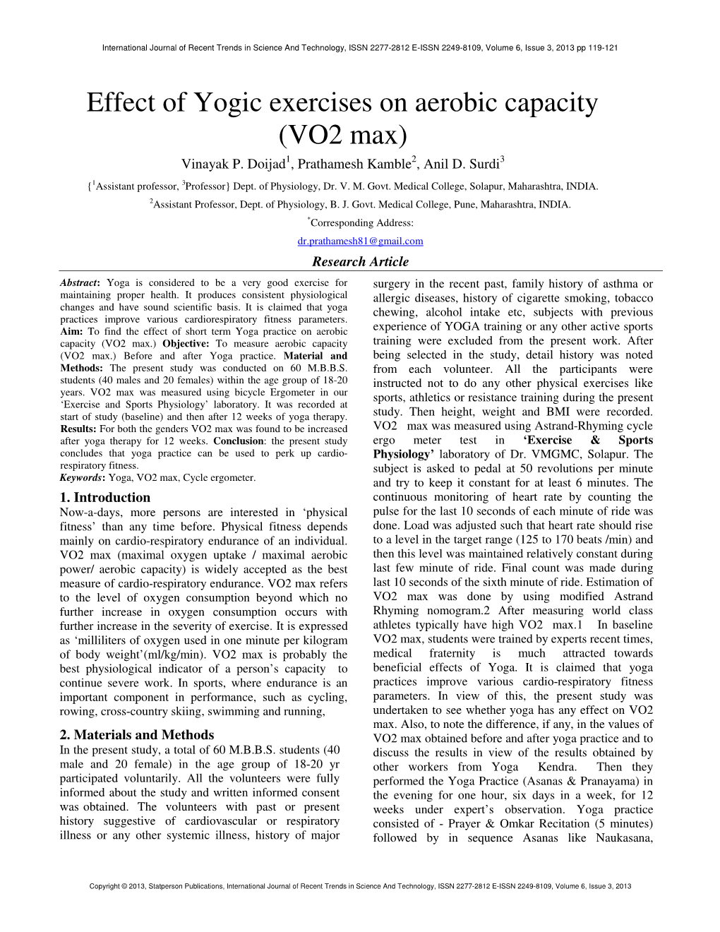 Effect of Yogic Exercises on Aerobic Capacity (VO2 Max)