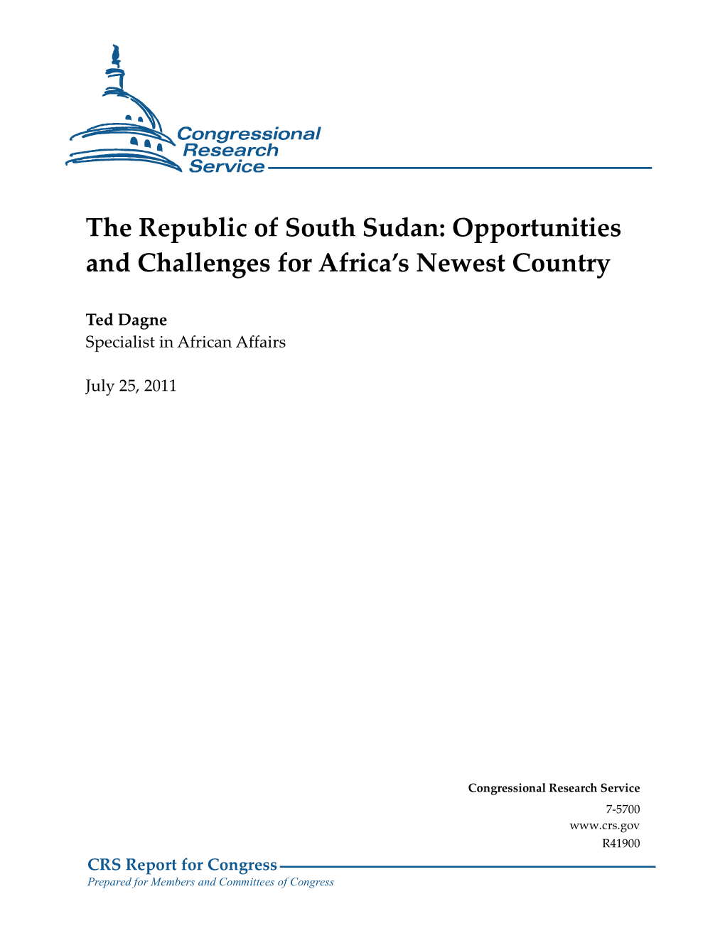 The Republic of South Sudan: Opportunities and Challenges for Africa’S Newest Country