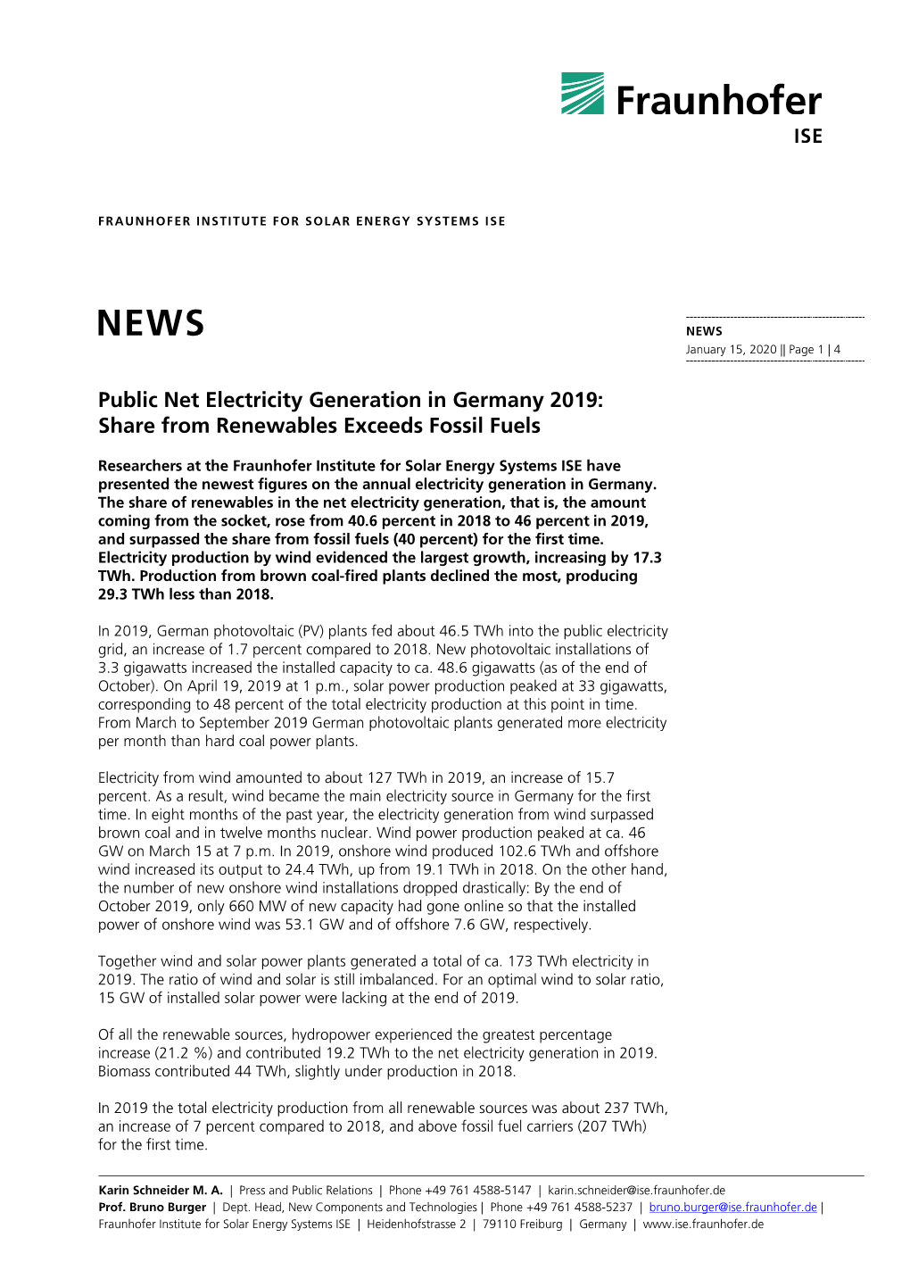 Public Net Electricity Generation in Germany 2019: Share from Renewables Exceeds Fossil Fuels