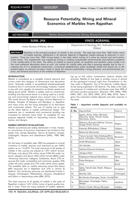 Resource Potentiality, Mining and Mineral Economics of Marbles from Rajasthan