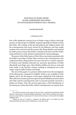 Influence of Arabic Poetry on the Composition and Dating of Fulfulde Jihad Poetry in Yola* (Nigeria)