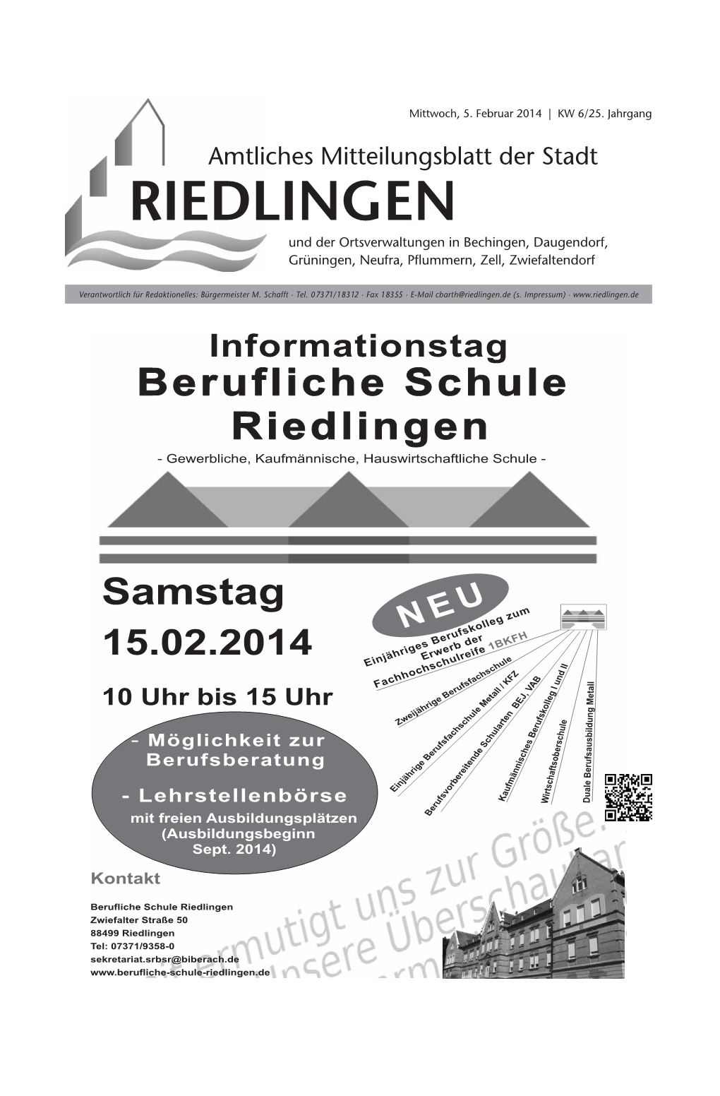 RIEDLINGEN Und Der Ortsverwaltungen in Bechingen, Daugendorf, Grüningen, Neufra, Pﬂ Ummern, Zell, Zwiefaltendorf