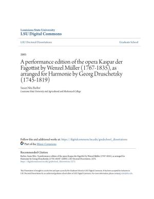 A Performance Edition of the Opera Kaspar Der Fagottist by Wenzel Müller