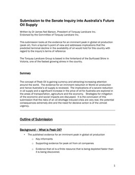 Submission to the Senate Inquiry Into Australia’S Future Oil Supply