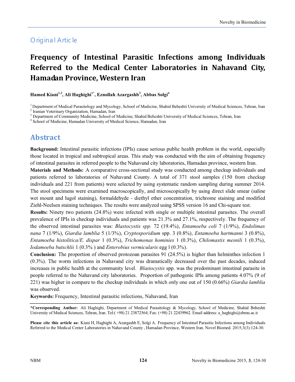 Frequency of Intestinal Parasitic Infections Among Individuals Referred to the Medical Center Laboratories in Nahavand City, Hamadan Province, Western Iran