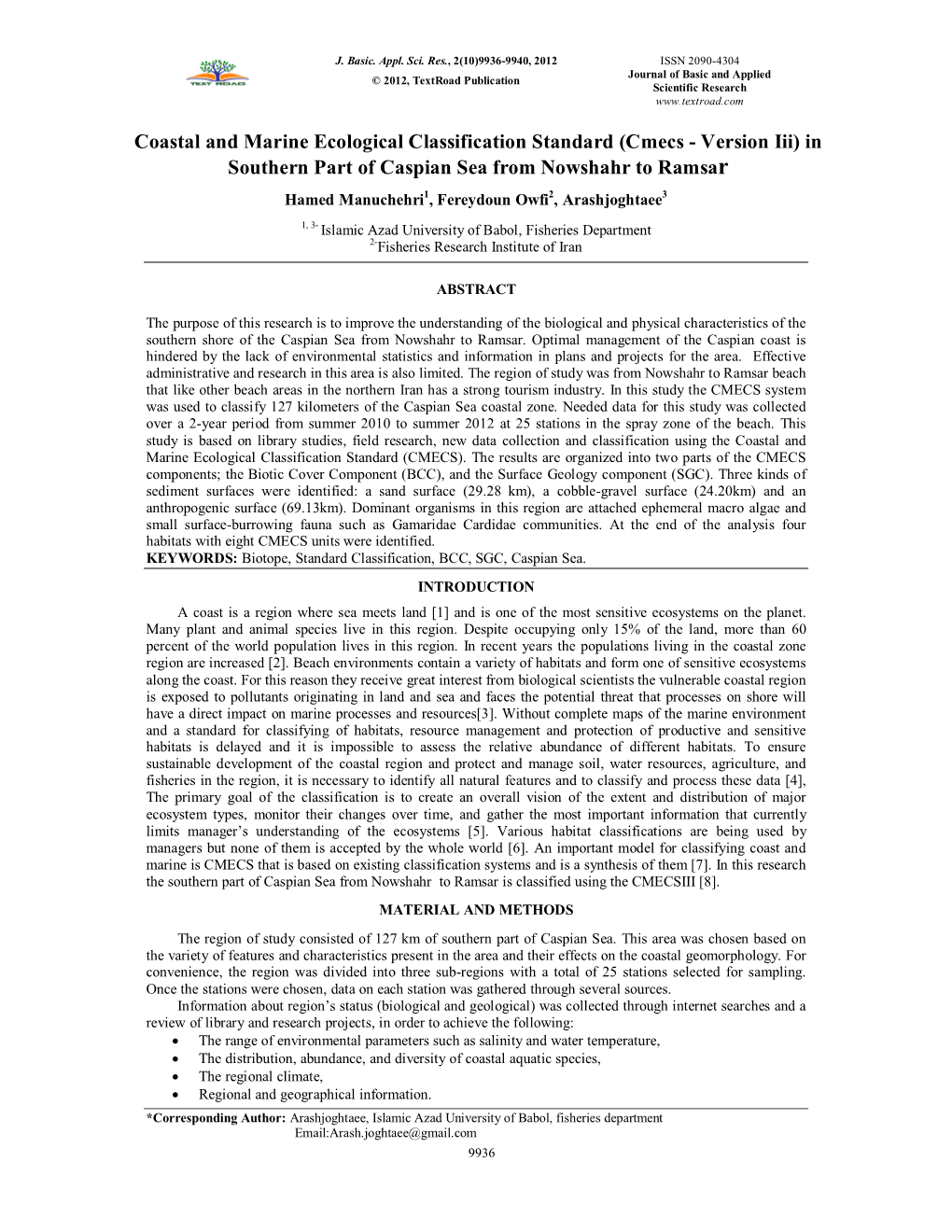 Coastal and Marine Ecological Classification Standard (Cmecs - Version Iii) in Southern Part of Caspian Sea from Nowshahr to Ramsar