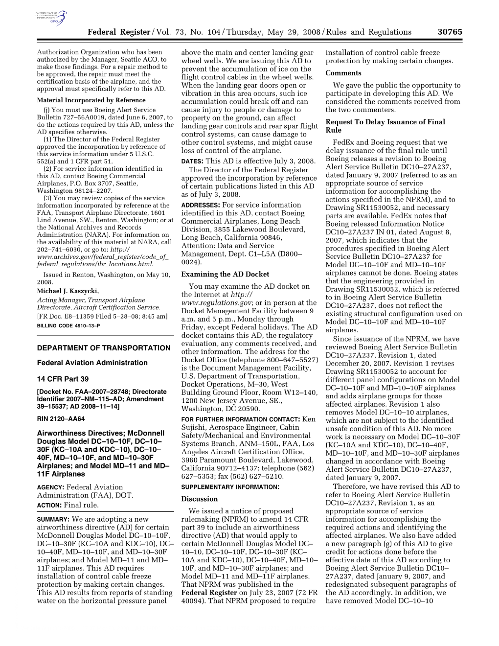 Federal Register/Vol. 73, No. 104/Thursday, May 29, 2008/Rules