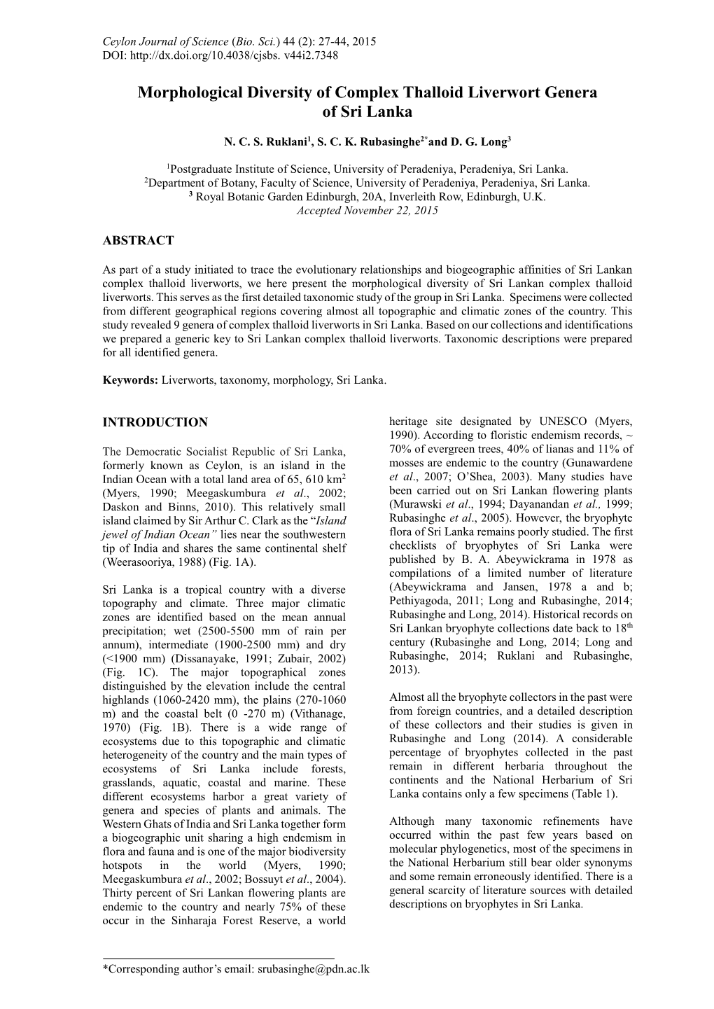 Morphological Diversity of Complex Thalloid Liverwort Genera of Sri Lanka