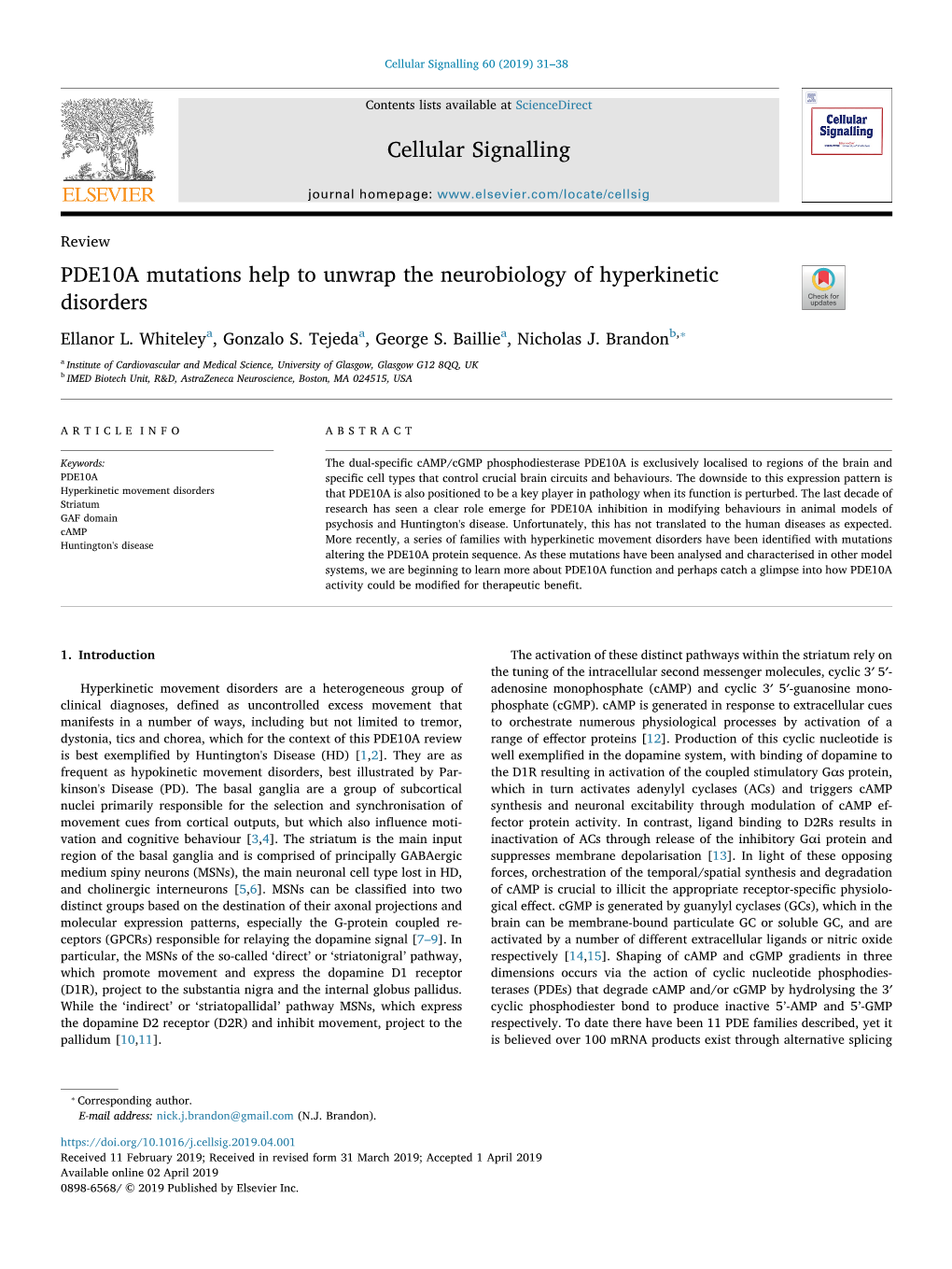 PDE10A Mutations Help to Unwrap the Neurobiology of Hyperkinetic Disorders T ⁎ Ellanor L