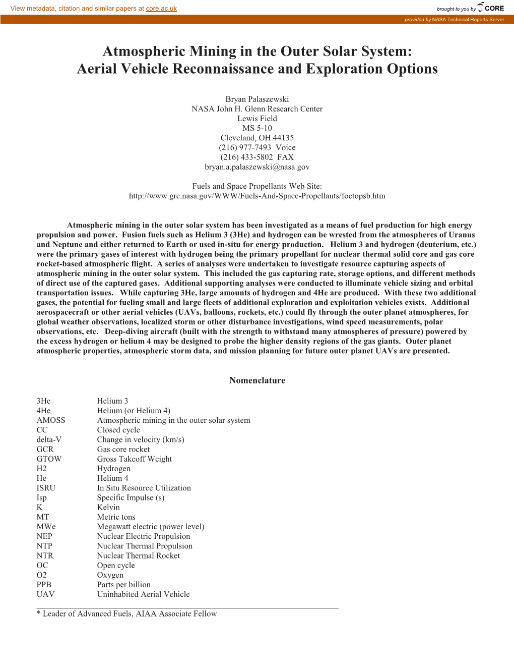 Atmospheric Mining in the Outer Solar System: Mining Design Issues and Considerations,” AIAA 2009- 4961, August 2009