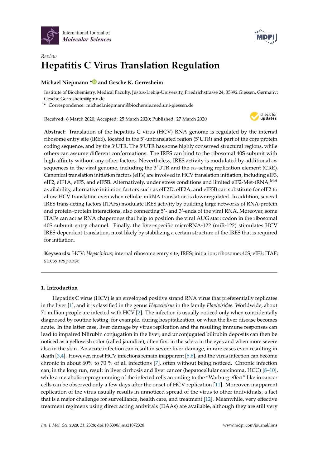 Hepatitis C Virus Translation Regulation