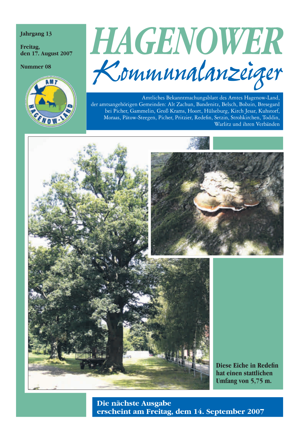 Die Nächste Ausgabe Erscheint Am Freitag, Dem 14. September 2007 Kommunalanzeiger Hagenow– 2 –Jahrgang 13 | Freitag, Den 17