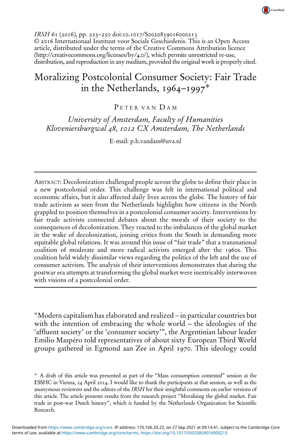 Moralizing Postcolonial Consumer Society: Fair Trade in the Netherlands, 1964–1997*
