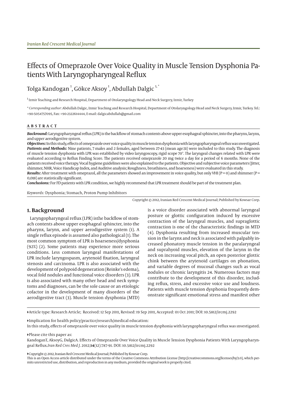 Effects of Omeprazole Over Voice Quality in Muscle Tension Dysphonia Pa- Tients with Laryngopharyngeal Reflux