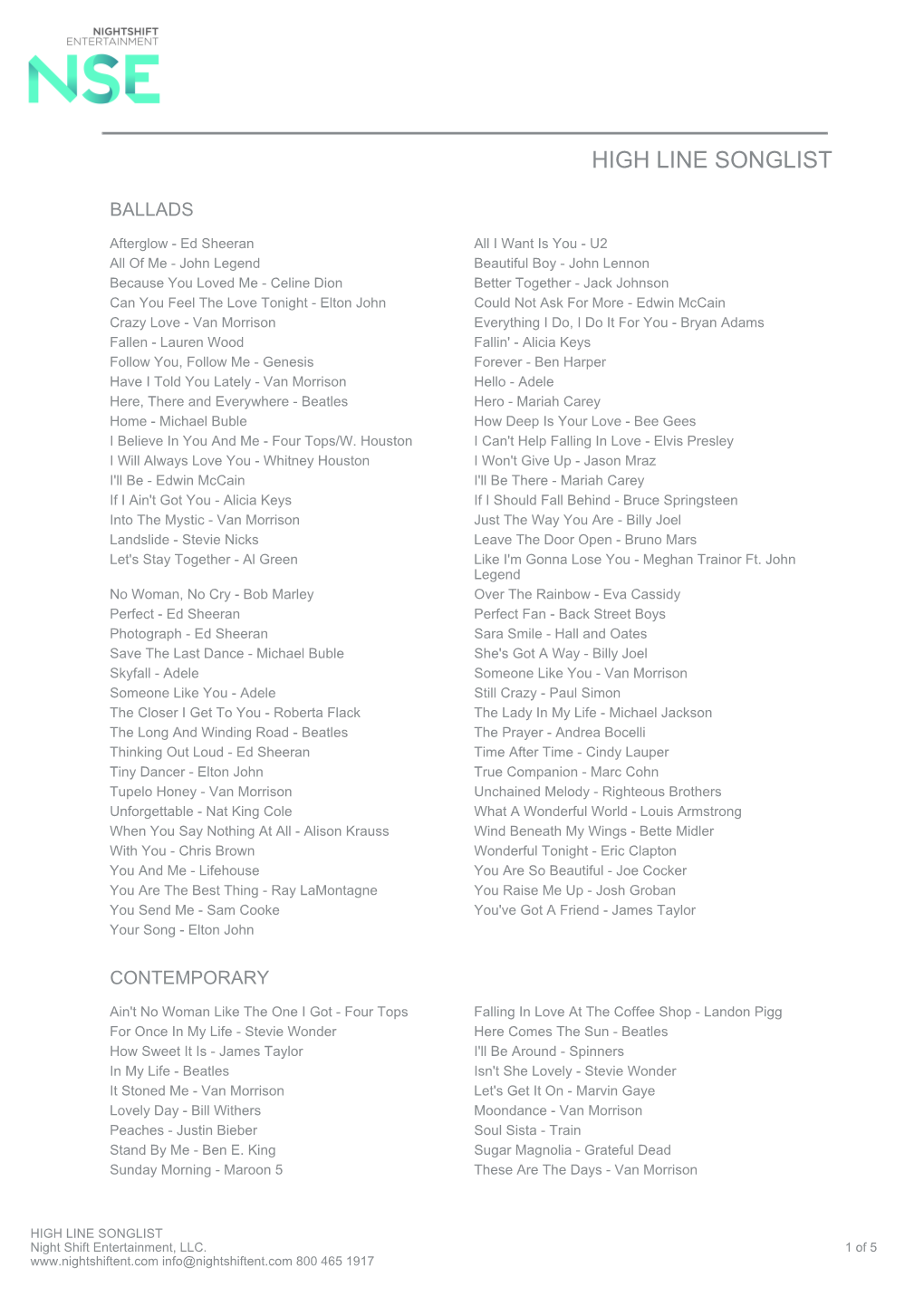 High Line Songlist