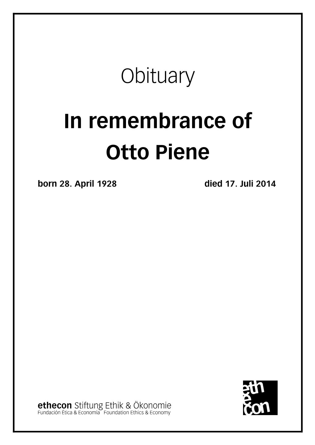 Obituary in Remembrance of Otto Piene