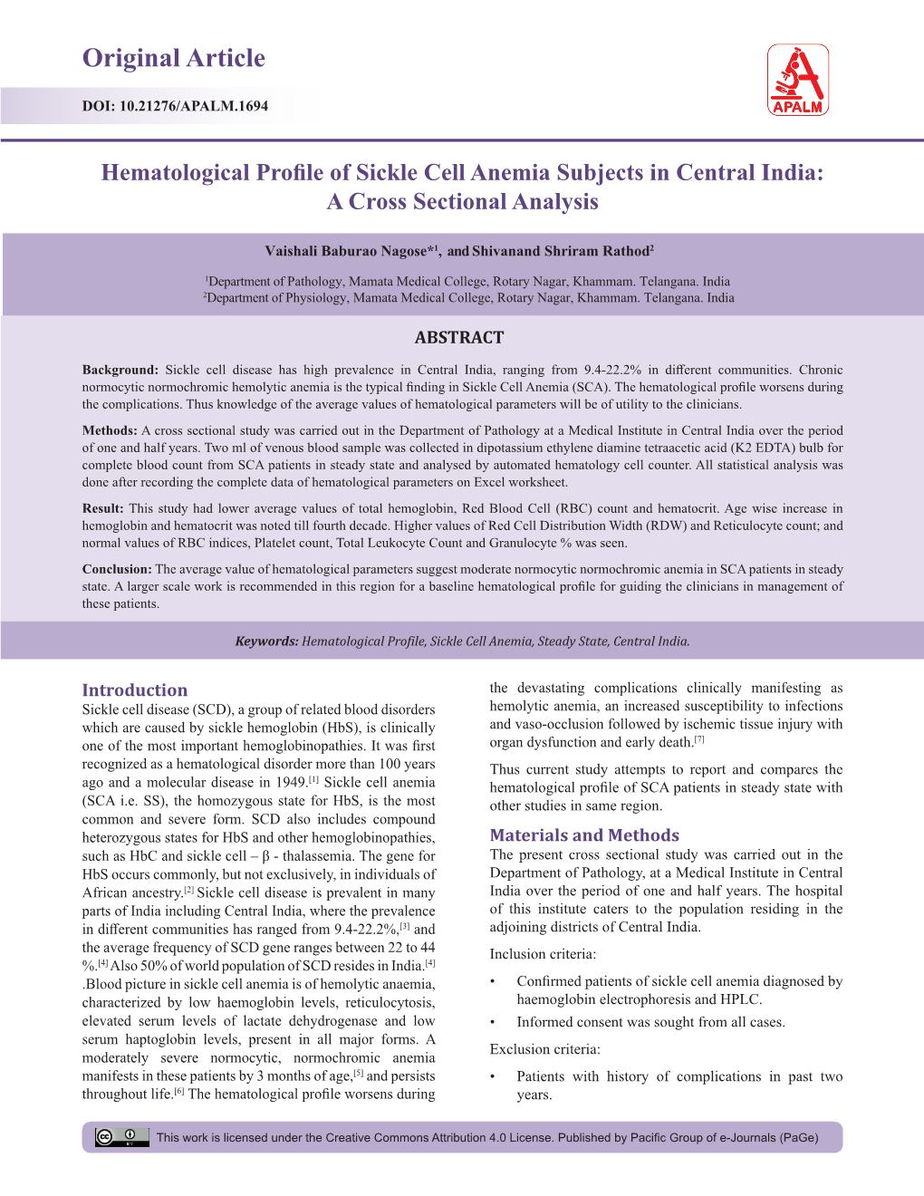 Hematological Profile of Sickle Cell Anemia Subjects in Central India: a Cross Sectional Analysis