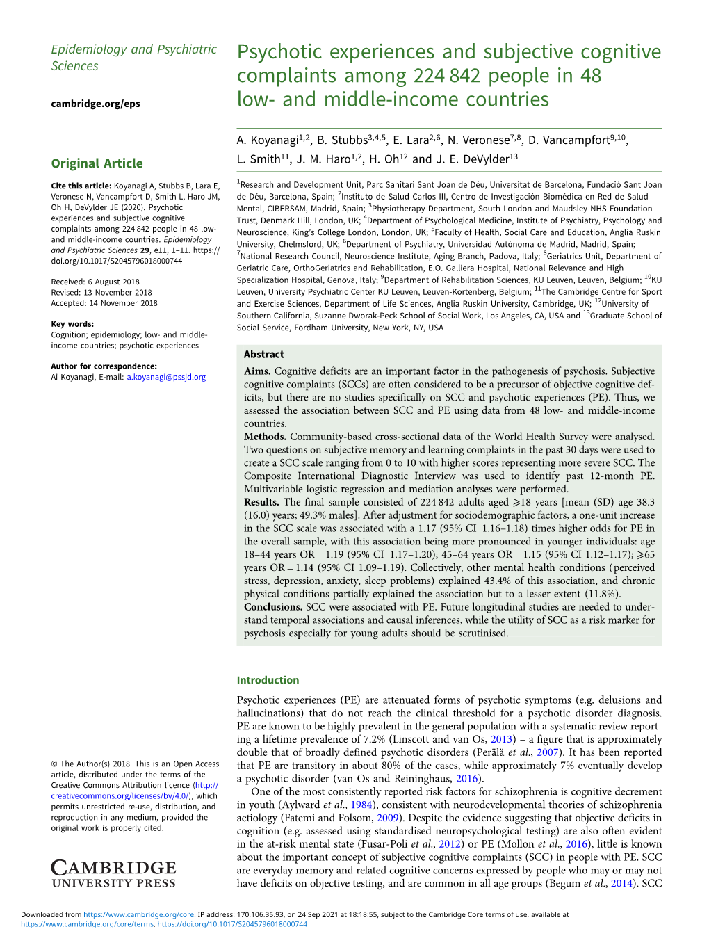 Psychotic Experiences and Subjective Cognitive Complaints Among 224