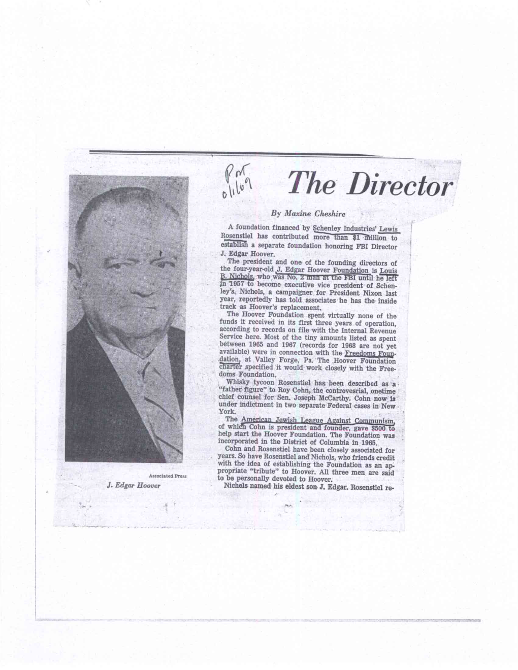 J. Edgar Hoover. the President and One of the Founding Directors of the Four-Year-Old J