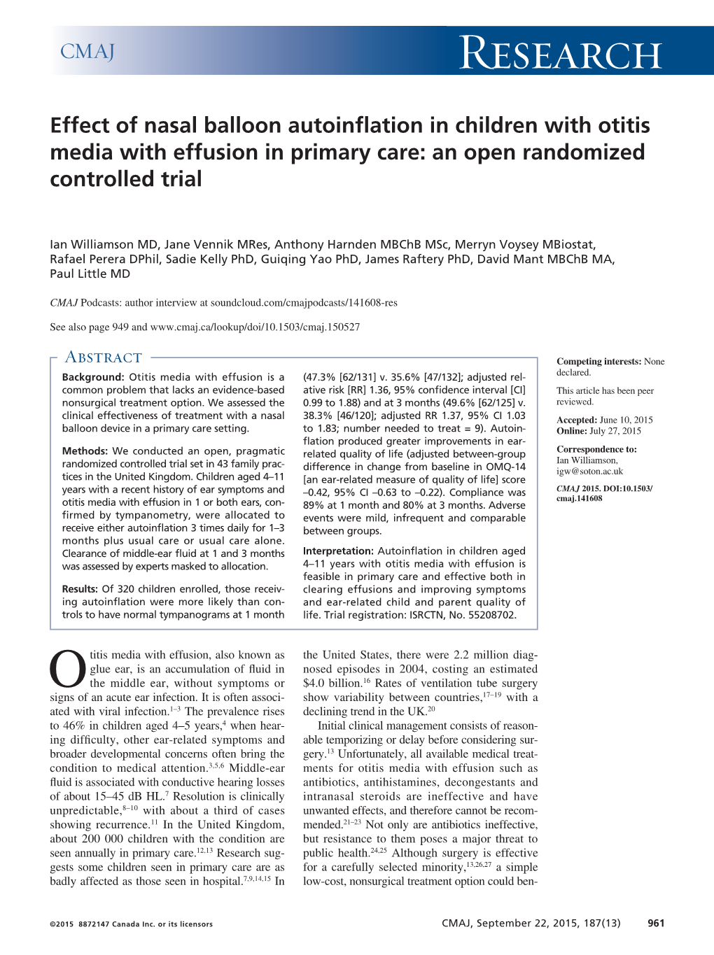 Effect of Nasal Balloon Autoinflation in Children with Otitis Media with Effusion in Primary Care: an Open Randomized Controlled Trial