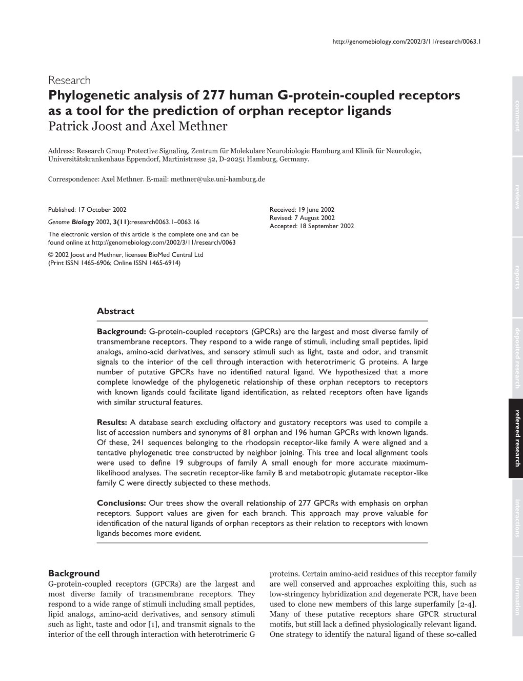 Phylogenetic Analysis of 277 Human G-Protein-Coupled Receptors As a Tool