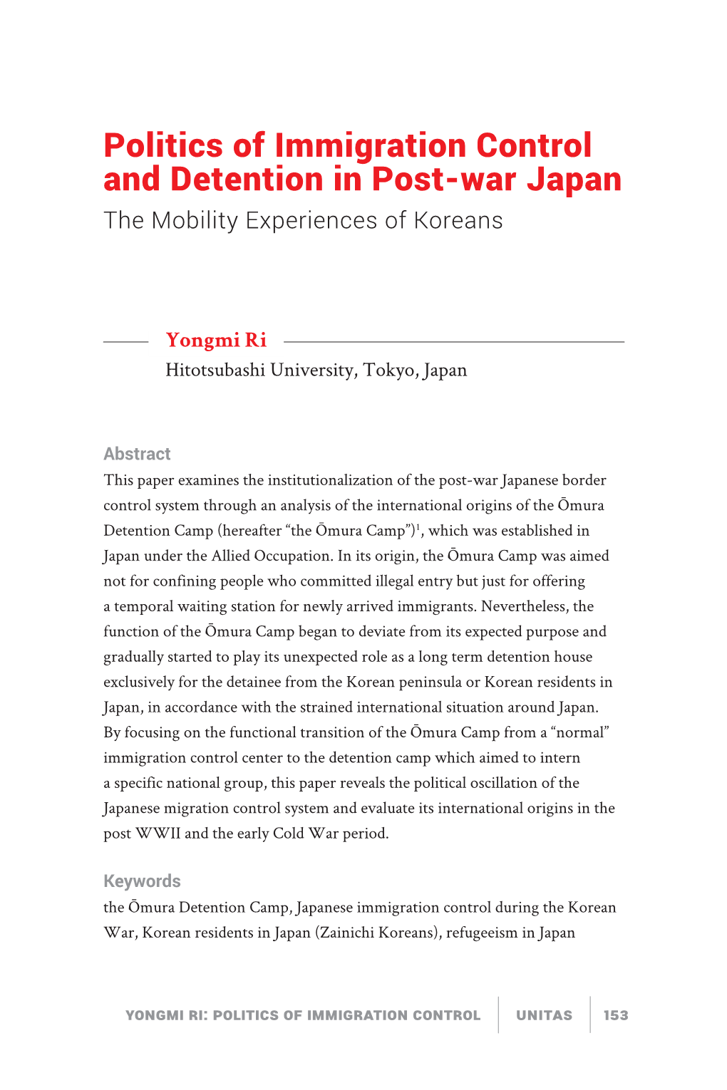 Politics of Immigration Control and Detention in Post-War Japan the Mobility Experiences of Koreans